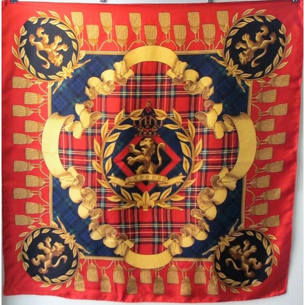 Vtg 1980s Express plaid tassel scarf, gold lions, preppy, square, red blue green